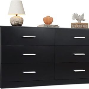 Modern Black 6-Drawer Wood Dresser, Wide Storage Chest for Bedroom or Living Room