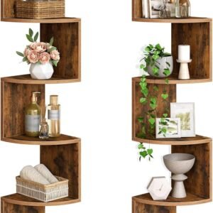 Corner Wall Shelves Set of 2, 4-Tier Floating Corner Shelf for Home Decor, Rustic Brown