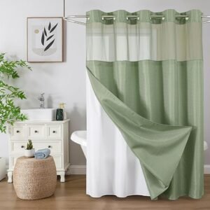 Waffle Weave No-Hook Shower Curtain with Liner, Mesh Top, Sage Green 72x75