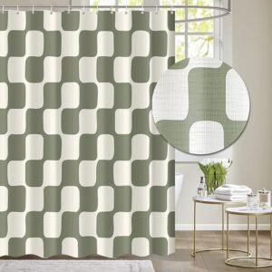 Retro Checkerboard Faux Linen Shower Curtain 72x72, Beige Sage Green w/ Hooks