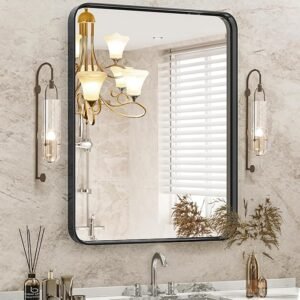 36x24 Black Metal Bathroom Mirror, Rounded Rectangular Vanity Wall Mirror
