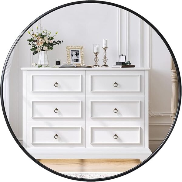 24" Round Black Metal Frame Mirror for Bathroom, Entryway & Vanity