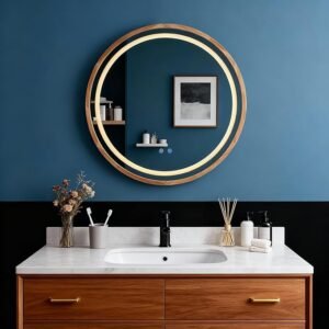 31" Oak Round LED Bathroom Mirror, Wall Vanity Mirror w/ 3 Lights & Anti-Fog