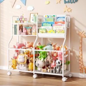 Rolling Kids Bookshelf & Toy Storage, 3-Tier Book Display and Toy Chest, White