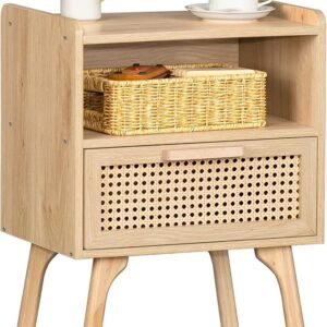 Rattan Nightstand with Drawer & Shelf, Boho Bedside Table for Small Spaces