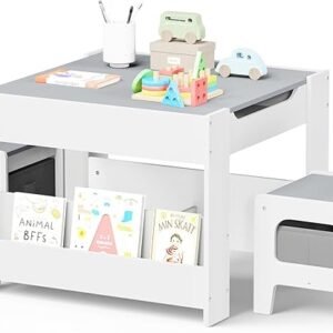 Kinder King Kids Wood Table & 2 Chairs, 4-in-1 Activity Set with Bookcase