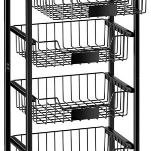 5-Tier Fruit Basket Cart with Pull-Out Bins & Wood Top, Rolling Storage