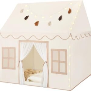 Kids Indoor Play Tent with Mat, Tassel Garland & Star Lights – Playhouse for Toddlers