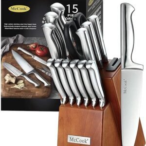 German Stainless Steel Knife Block Set with Built-In Sharpener, Kitchen Knives