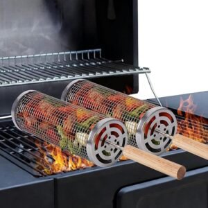2-Pack Rolling Grill Baskets, 304 Stainless Steel w/ Wooden Handles, BBQ Tool