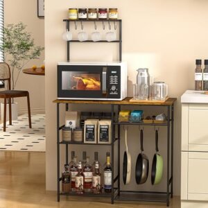 6-Tier Kitchen Baker’s Rack with Storage, Microwave Stand, Shelves & Hooks, Brown