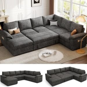 108" U-Shaped Sleeper Sofa with Pull-Out Bed & Storage, Dark Grey