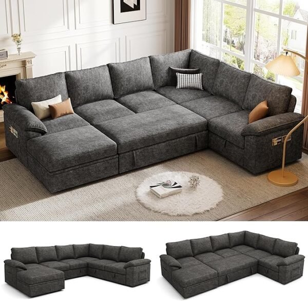 106" Convertible Sectional Couch with Chaise – Cloud Corduroy, Dark Grey