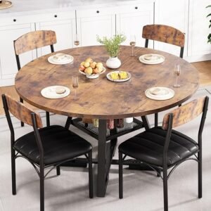 Round 5-Piece Dining Table Set for 4, Space-Saving Wood Kitchen Table & Chairs