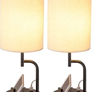 Dreamholder Table Lamp with 3 USB Ports & AC Outlet, Modern Bedside Desk Lamp, Cream (2 Pack)