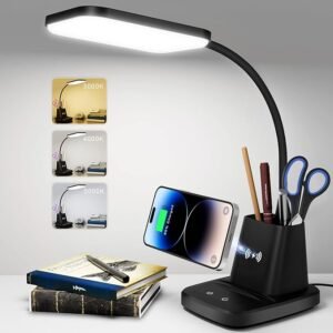 LED Desk Lamp with Wireless Charger & Pen Holder, 3 Color Modes, Dimmable, Black