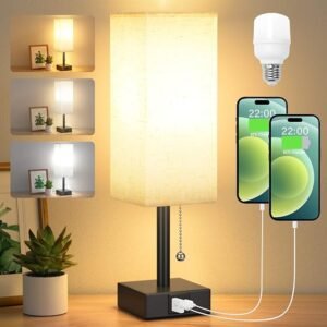 Bedside Table Lamp with 3 Color Temps, USB-C & A Ports, Pull Chain, LED Included