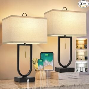 24″ Table Lamps Set of 2, Adjustable Color Temp, USB-C & A Ports, Modern Bedside Lamps
