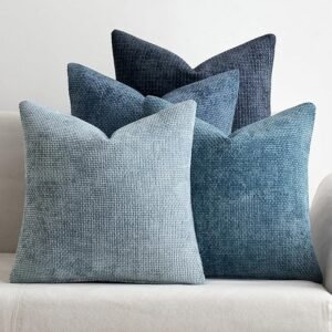 Pack of 4 Chenille Pillow Covers 18x18, Neutral Blue Farmhouse Sofa Cushions