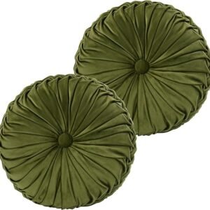 Set of 2 Round Pleated Velvet Throw Pillows, Pumpkin Style Accent Cushions, Olive 14.5″