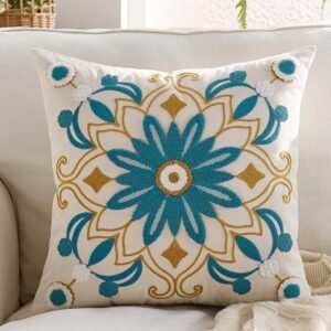 Embroidered Boho Floral Throw Pillow Cover 18x18, Textured Decorative Cushion, Teal