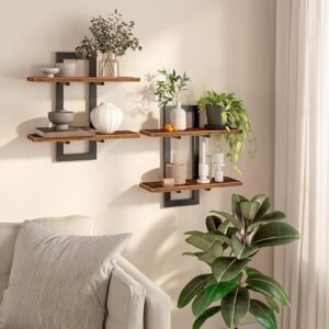 15″ Floating Wall Shelves Set of 2, 2-Tier Rustic Storage Shelves Brown & Black