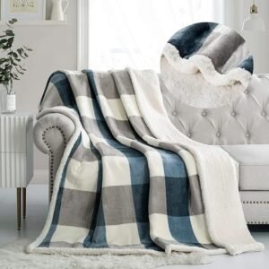 Sherpa Fleece Throw Blanket 60×80, Reversible Plush Flannel Sofa & Bed Blanket Grey/Blue