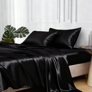 Satin Bed Sheets Queen Size Set, 4-Piece Silky Bedding with Elastic Straps, 15″ Deep Pocket, Black