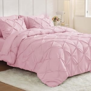 Queen Comforter Set 7-Piece Bed in a Bag, All-Season Pintuck Bedding with Sheets & Shams, Baby Pink