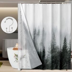 3-in-1 Waterproof Shower Curtain Set, Black Misty Forest Fabric with PEVA Liner & Metal Hooks, 72×72