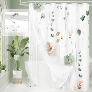 3-in-1 Shower Curtain Set, Sage Green Watercolor Floral Fabric with PEVA Liner & Steel Hooks, 72×72