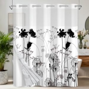 Black & White Shower Curtain with Detachable Liner, No-Hook Quick-Dry Bathroom Curtain, 71×74