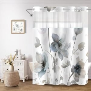 No-Hook Shower Curtain & Liner Set, Blue & Grey Boho Floral Watercolor Design, 71×74