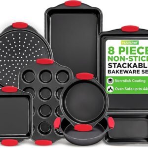 8-pc Nonstick Gray Bakeware Set with Red Silicone Handles, Commercial Grade Pans