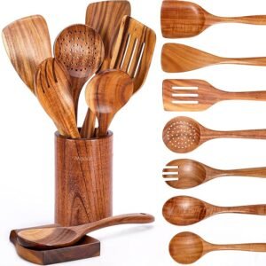Teak Wood 9-Piece Kitchen Utensil Set with Spoon Rest and Utensil Holde