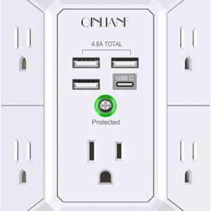 5-Outlet Extender with 4 USB Ports, 3-Sided 1680J Multi Plug Wall Adapter for Home Use