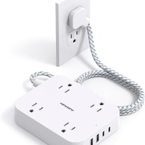 Flat Plug Extension Cord 5FT Power Strip with 4 USB Ports, 4 Outlets, Wall Mount