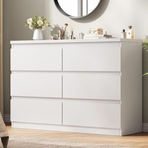 White 6-Drawer Dresser, Modern Wood Chest with Deep Storage Drawers, 47.2" Wide