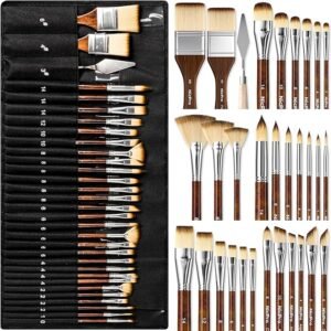 30PCS Paint Brush Set with Spatula & Cloth Roll for Acrylic, Oil, Watercolor Art