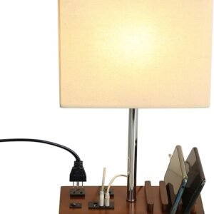USB Table Lamp w/ 2 AC Outlets, 3 USB Ports & Phone Stand, Modern Bedside Lamp