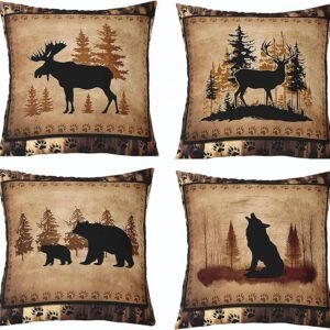 Vintage Bear & Deer Throw Pillow Covers, Set of 4 Reversible Rustic Animal Decor, 18x18