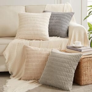 Neutral Boho Throw Pillow Covers 4-Pack, Soft Striped Corduroy Decor, 18x18 Inch