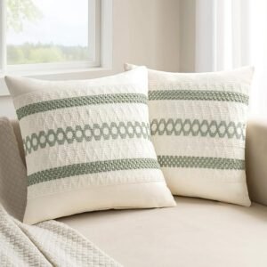 Set of 2 Sage Green Boho Pillow Covers 18x18 Farmhouse Cotton Decorative Cushions