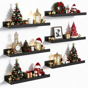 Black Floating Shelves Set of 6, Wall Mounted Wood Shelves for Storage & Décor