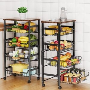 5-Tier Rolling Utility Cart with Wood Top & Mesh Baskets for Kitchen