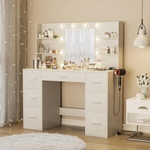 White Vanity Desk with LED Mirror, Power Outlet, 7 Drawers & Storage Shelves