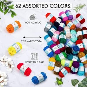 62 Acrylic Yarn Skeins Crochet Kit with Hooks, Needles & Markers for Beginners