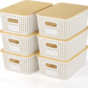 6 Pack Stackable Plastic Storage Baskets With Bamboo Lids