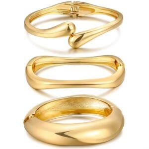 Women’s 14K Gold-Plated Chunky Stackable Bangle and Cuff Bracelet Set