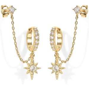 Women’s 14K Gold-Plated Double Piercing Chain Earrings with Cubic Zirconia